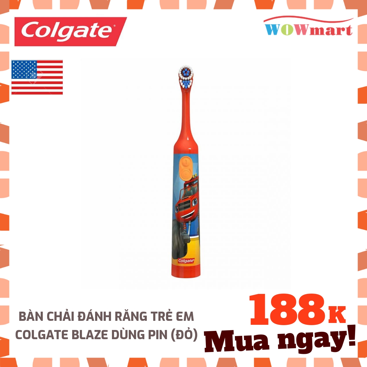 [HCM]Bàn chải đánh răng trẻ em Colgate Blaze dùng pin (Đỏ) - [Mỹ]