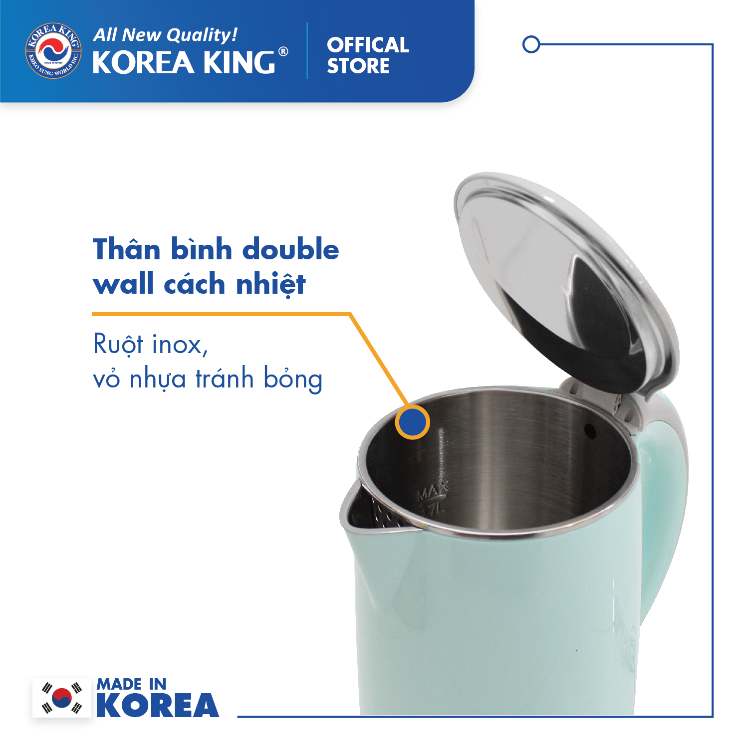 Bình đun siêu tốc Korea King PWP-17P/G ( công suất 1,850W, dung tích 1.7L, 2 lớp cách nhiệt, 2 màu hồng, xanh) - Hàng chính hãng
