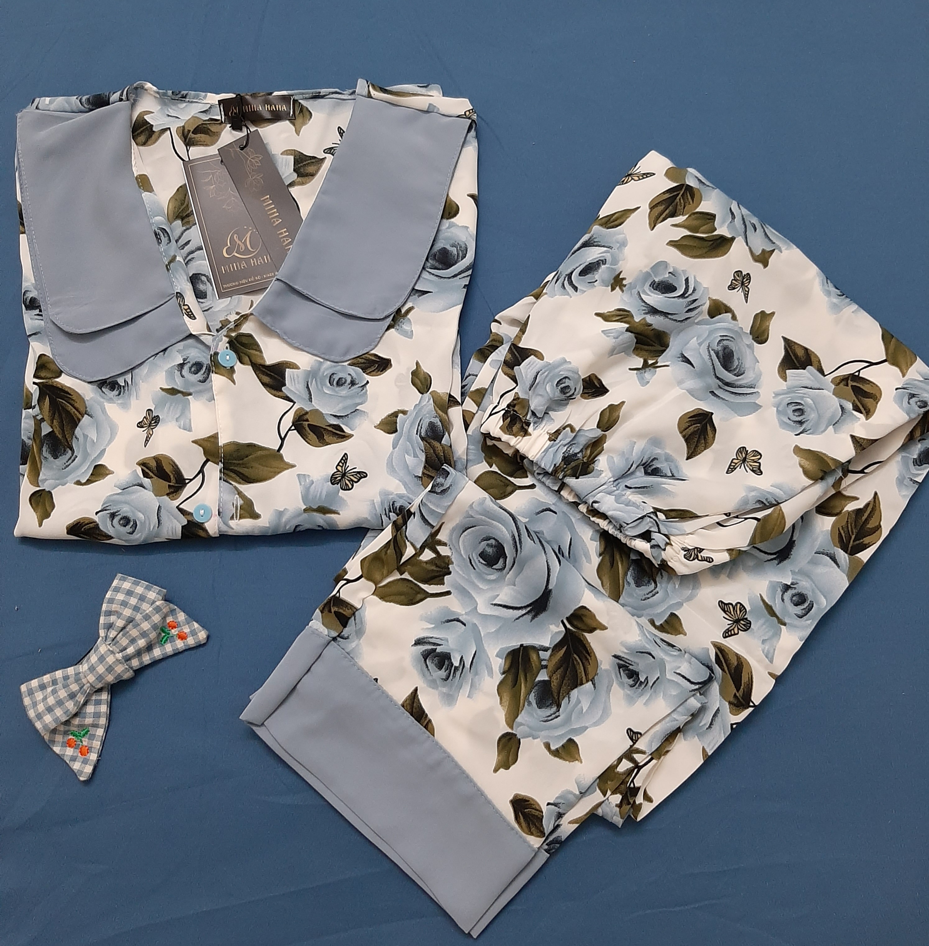 Đồ bộ mặc nhà nữ, pijama vải lụa áo cộc quần dài