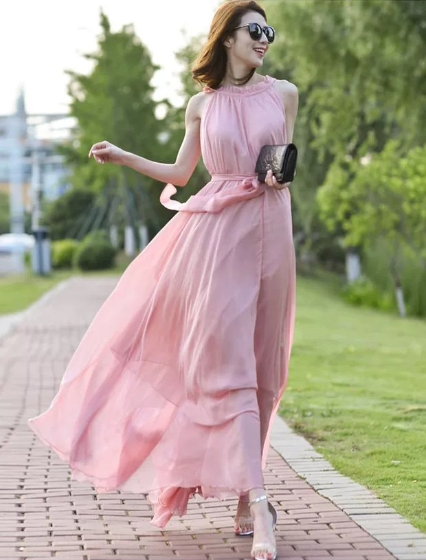 [Hcm]Maxi Dress with Birds Necklace with Tie Strap