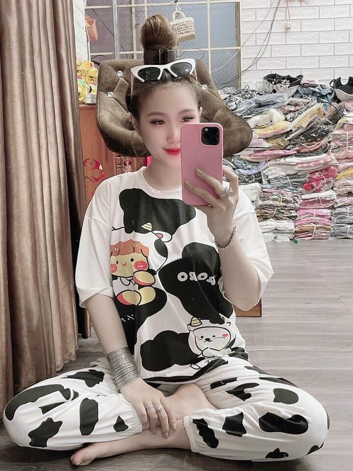 Sét bộ bò sữa quần dài phối áo in cậu bé và cô bé bò stype TTSA1162