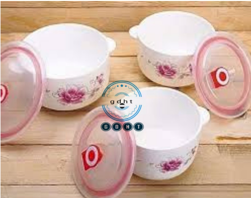 Bộ 3 bát THỐ sứ có tay cầm-Hộp 3 chiếc bát sứ hoa hồng đựng thực phẩm có nắp đậy
