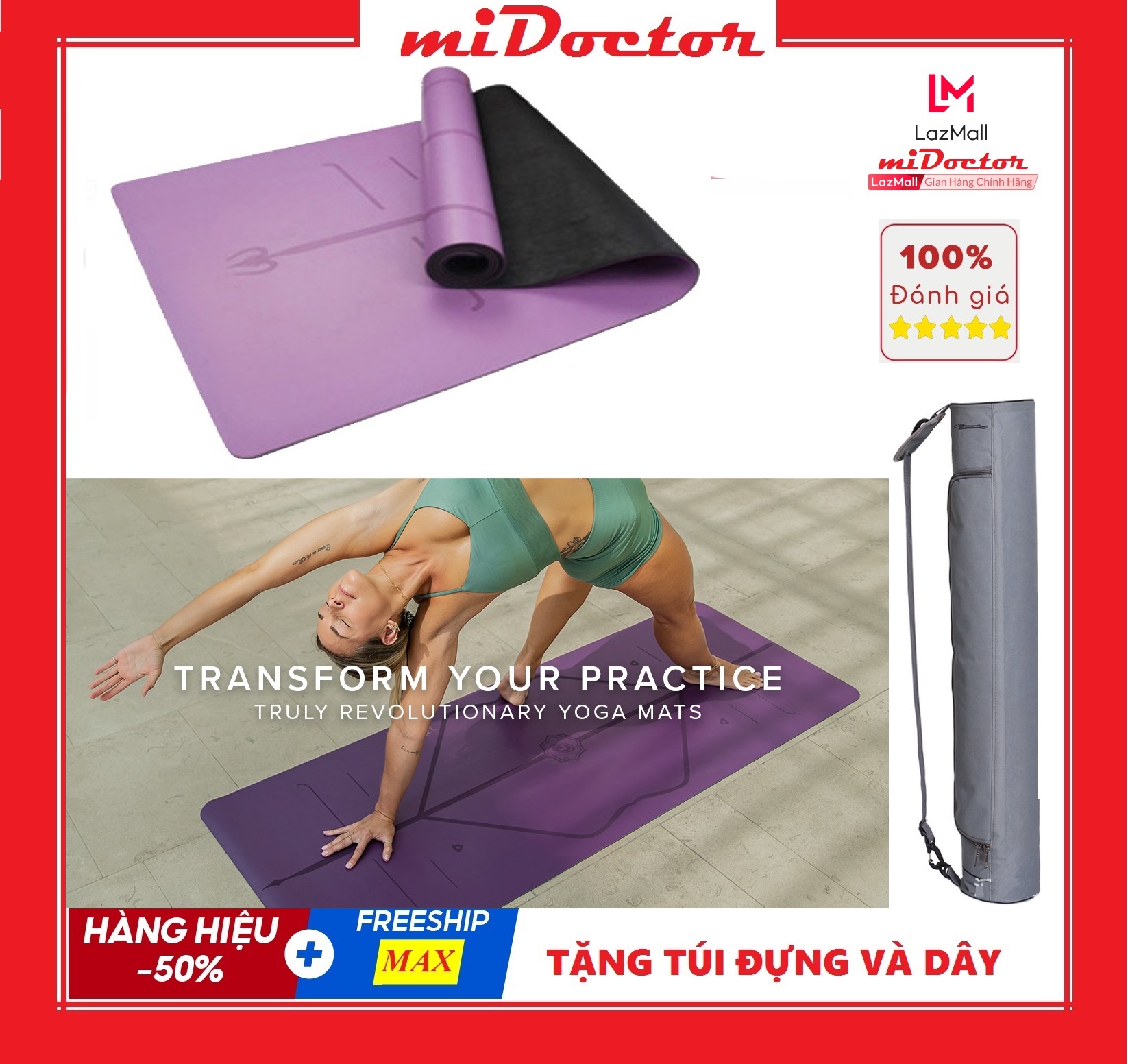 Thảm Tập Yoga Định Tuyến Cao Su PU Cao Cấp Chính Hãng miDoctor Màu Tím+ Túi Đựng Thảm Tập Yoga PU Định Tuyến + Dây Buộc Thảm Yoga PU Định Tuyến