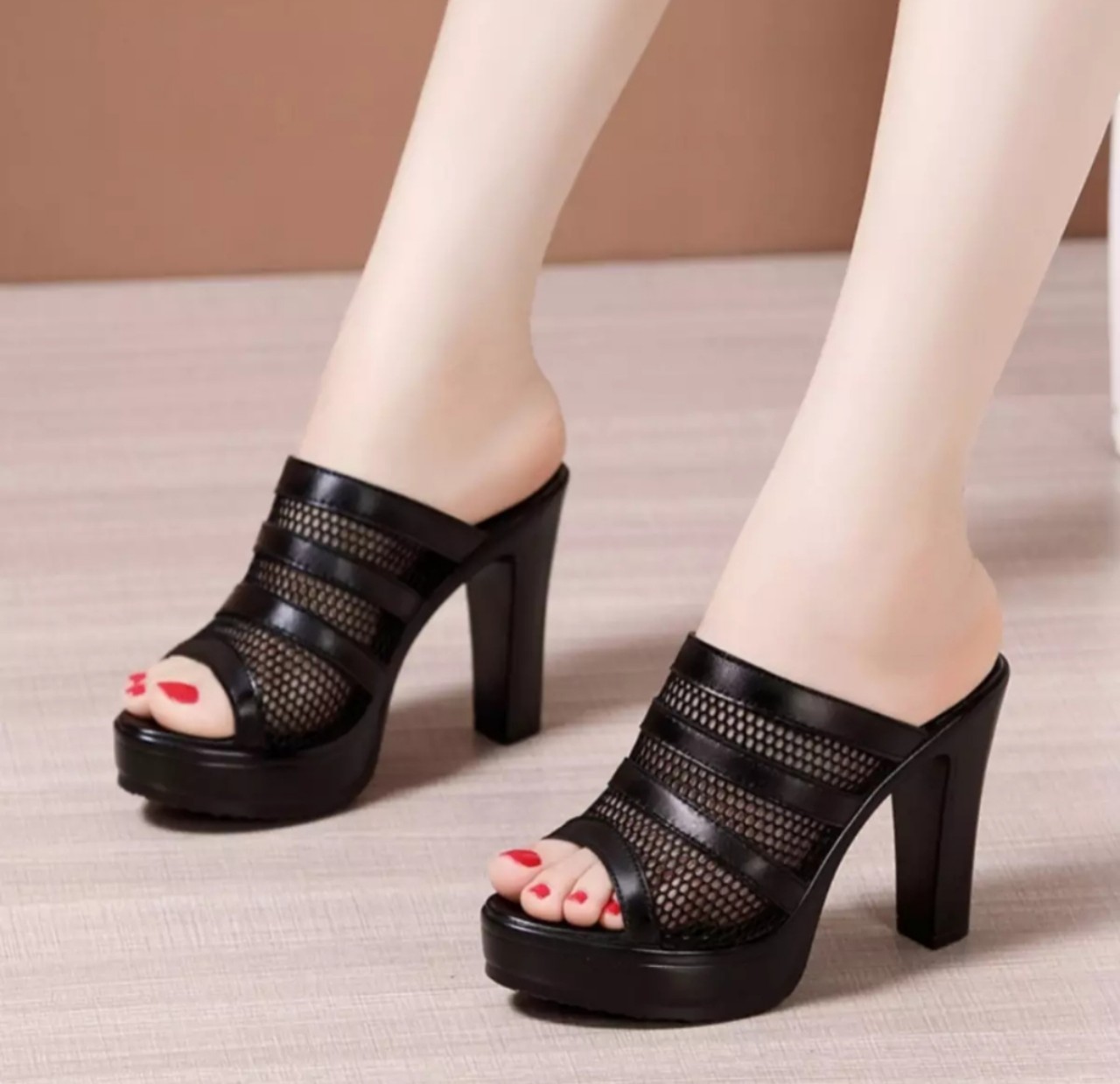 Dép cao gót phối lưới 9p