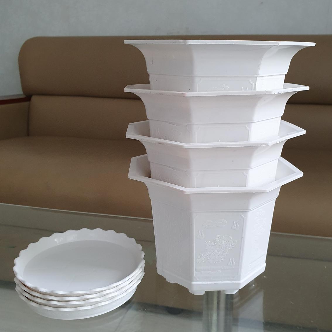 [HCM]Combo 4 chậu nhựa bát giác trồng hoa trắng 17cm + 4 đĩa lót chậu