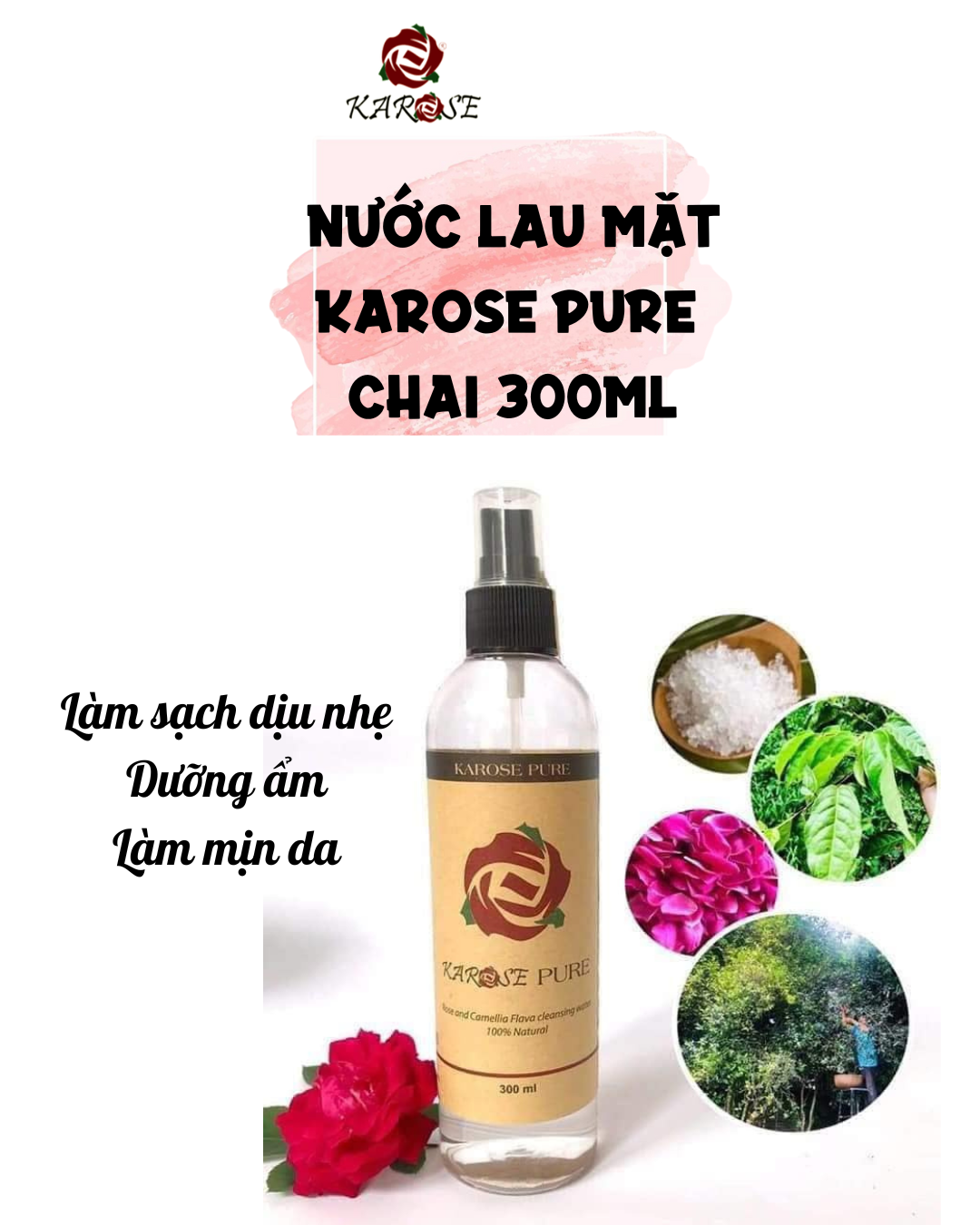 (Karose) Nước lau mặt hoa hồng Karose pure Dùng tẩy trang, làm sạch mặt, không khô da Chai 300ml Koshka Home