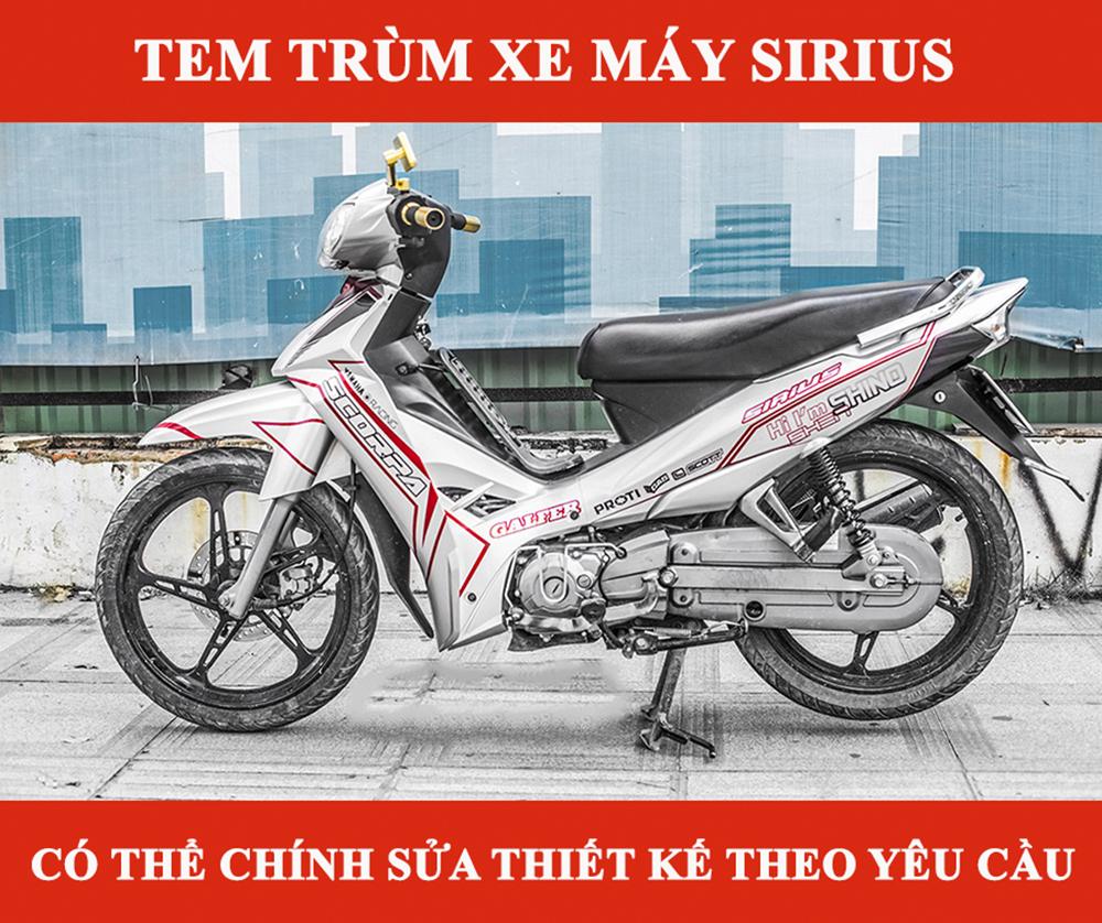 Tem trùm xe máy sirius trắng bạc chỉ đỏ - Độ tem xe máy sirius thiết kế theo yêu cầu - Chế tem trùm xe máy sirius rẻ đẹp