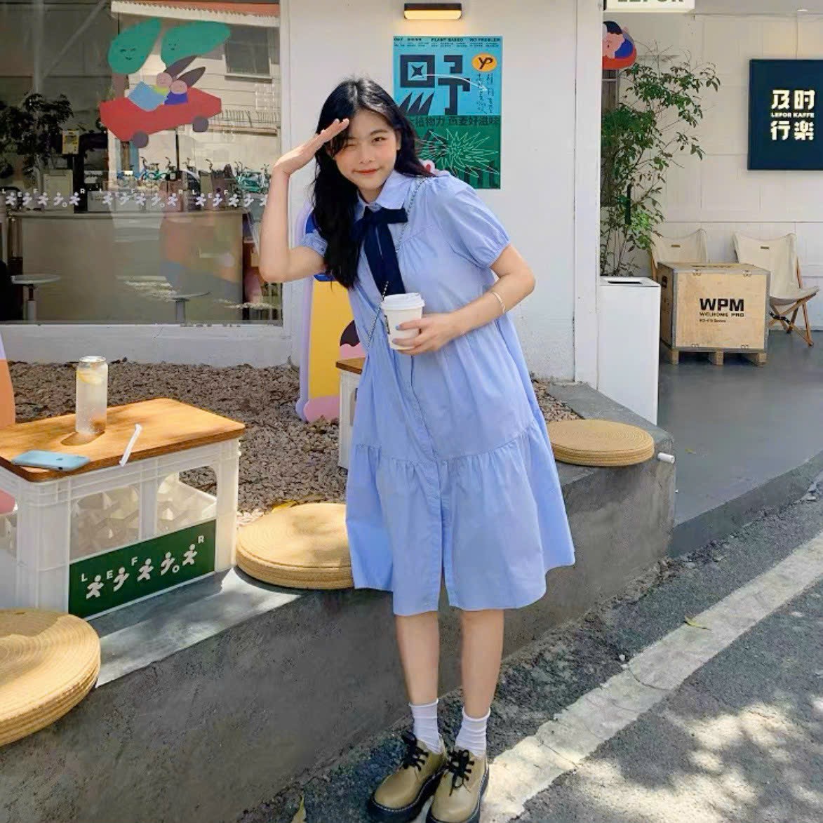 Đầm babydoll xanh nơ cổ