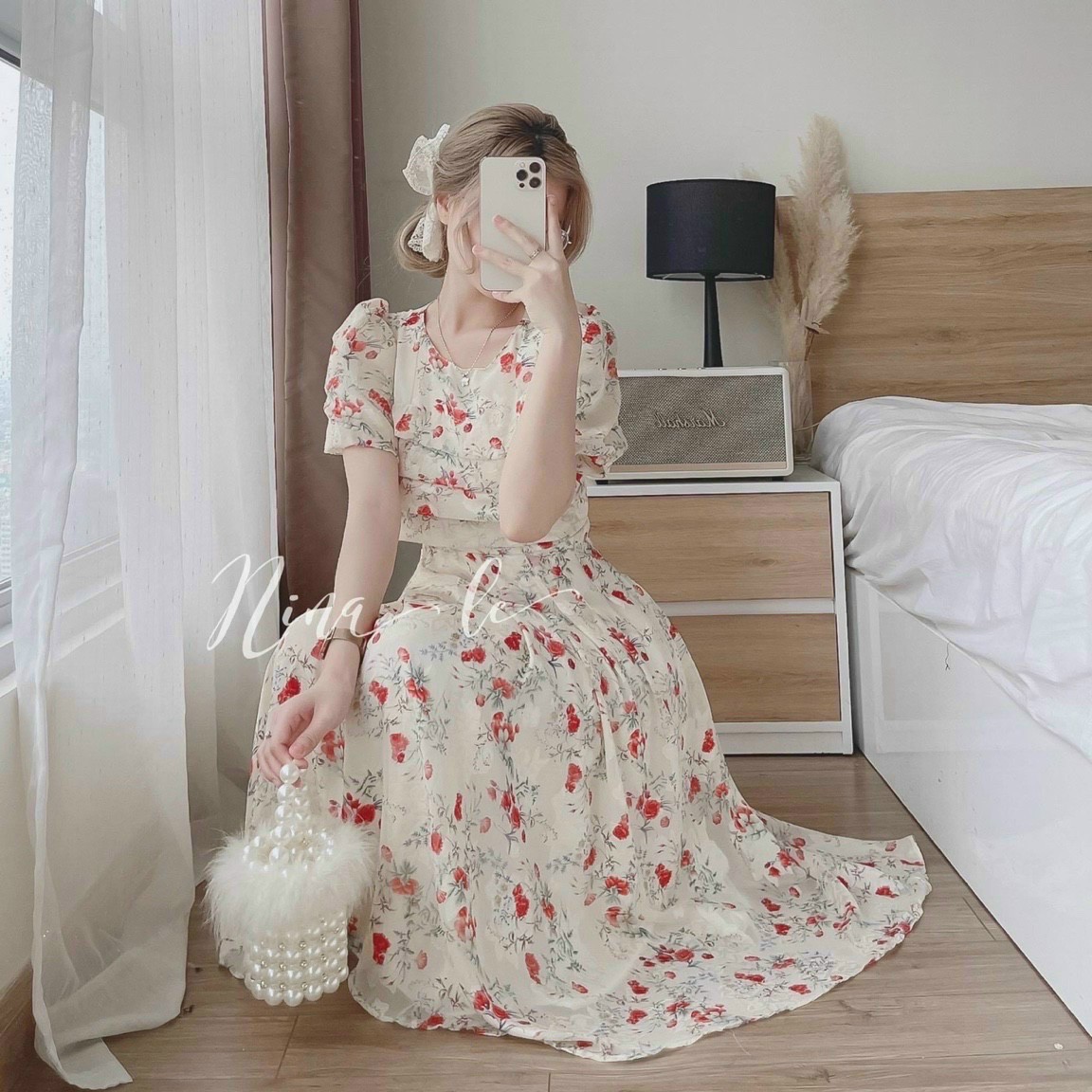 Đầm voan hoa chifon 2 lớp cổ tròn dầy dặn kiểu dáng teen trẻ trung hot teen .qc