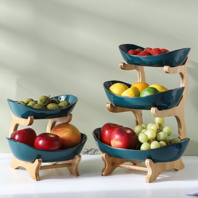 Khay Sứ Xanh 2 Tầng, 3 Tầng Đựng Hoa Quả, Bánh Kẹo Kèm Kệ Gỗ
