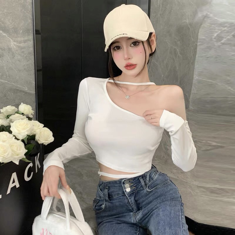 Áo thun croptop lệch vai tay dài phối dây eo và cổ