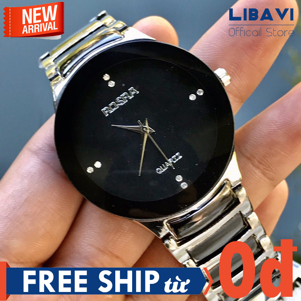 Đồng Hồ Cặp Đôi ROSRA R73, Mặt Tròn Đen Đính Đá Chạy 3 Kim, Siêu Kháng Nước, Chống Trầy, Dây Kim Loại Bạc Cao Cấp (Bảo Hành 6 Tháng)