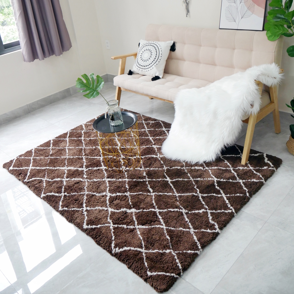 Thảm lông sợi ngắn thổ nhĩ kỳ dệt sợi in caro xéo