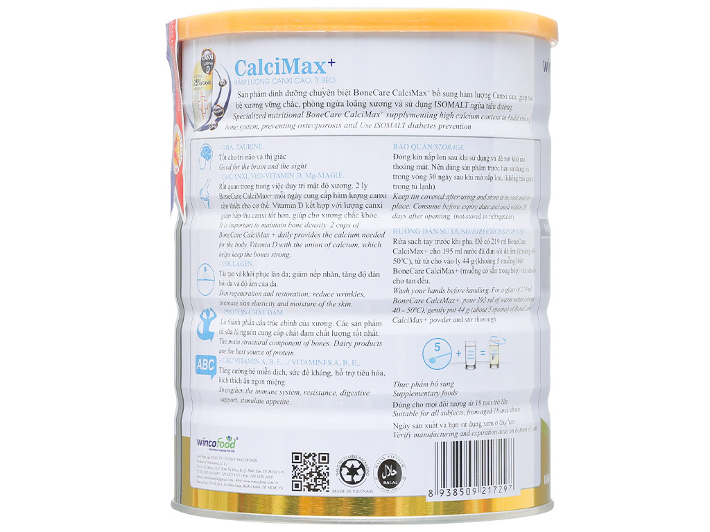 Túi 2 lon Sữa bột Wincofood Bonecare Calcimax+ (850g/lon)