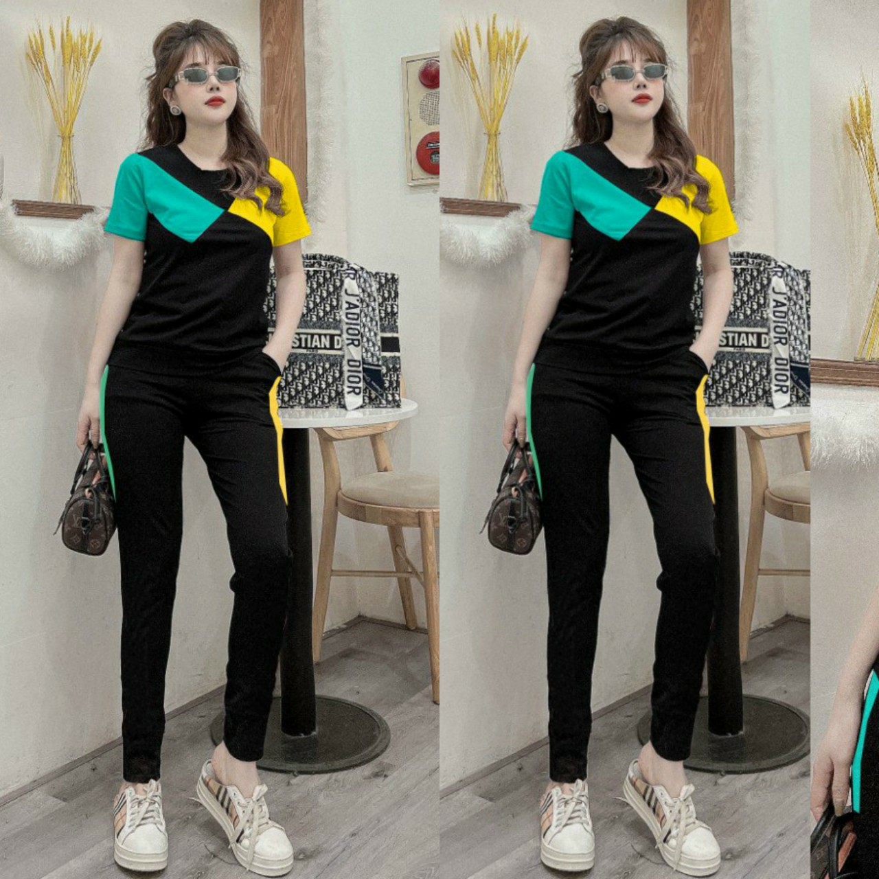 Đồ bộ thun cotton nữ thể thao phối màu thời trang