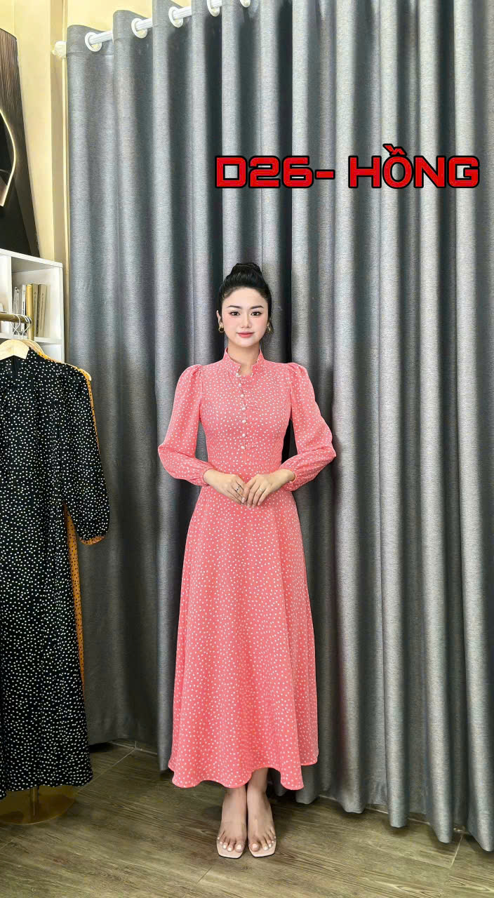 ĐẦM MAXI CHẤM BI TAY DÀI CÀI NÚT DUYÊN DÁNG