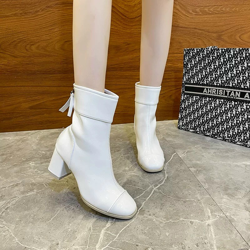 [Hoàn Tiền 15%]Bốt nữ da bóng mũi tròn cao cấp đế 5p siêu hot