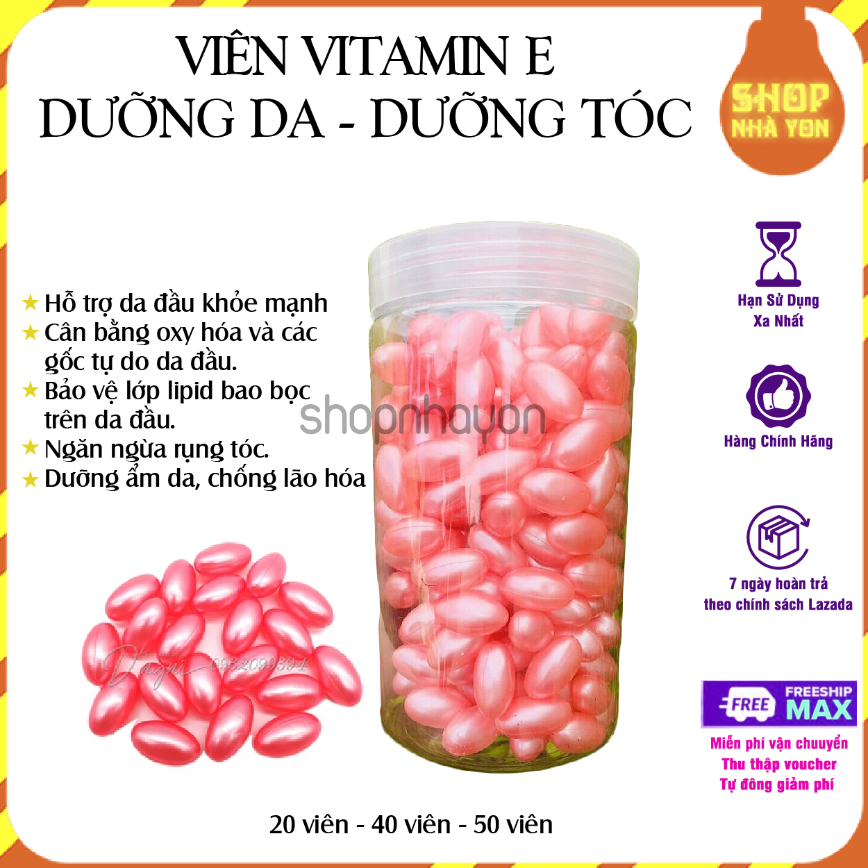 Viên vitamin E màu Hồng dầu cá dưỡng ẩm da dưỡng tóc 20/40/50 viên
