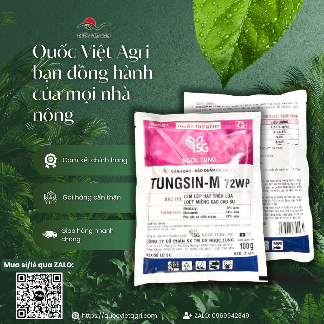 Thuốc trừ bệnh TUNGSIN-M 72WP (gói 100g) - Metalaxyl 8%w/w + Mancozeb 64%w/w Trị lem lép hạt trên lúa, Loét miệng cạo cao su