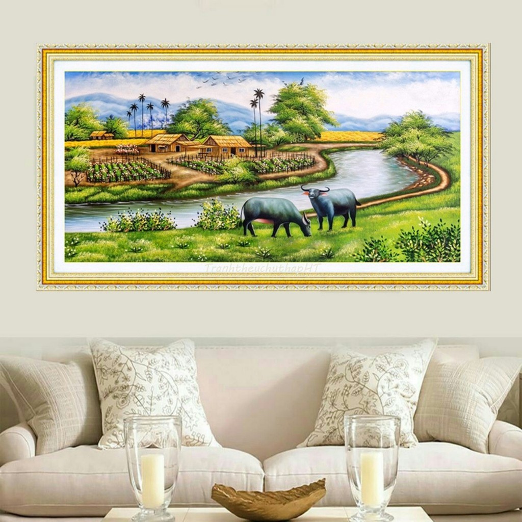 [HCM]Tranh thêu chữ thập phong cảnh làng quê kt 100X50 cm