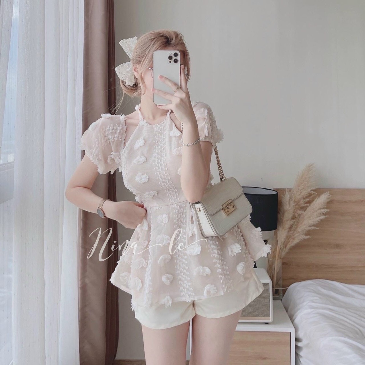Sét bô đồ nữ cổ yếm tay Phồng cột nơ ( co mút ngực )