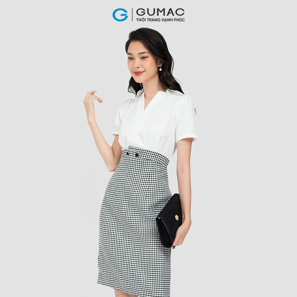 Đầm dáng A công sở GUMAC DD08025 cổ sơ mi, eo kiểu đính nút