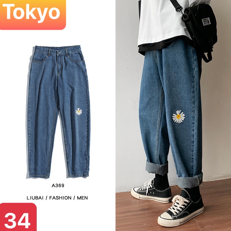 QUẦN BAGGY JEAN NAM CHẤT BÒ XANH ỐNG RỘNG THÊU HOA CÚC NHẬT BẢN SÀNH ĐIỆU MỚI CAO CẤP TK-34 TOKYO FASHION