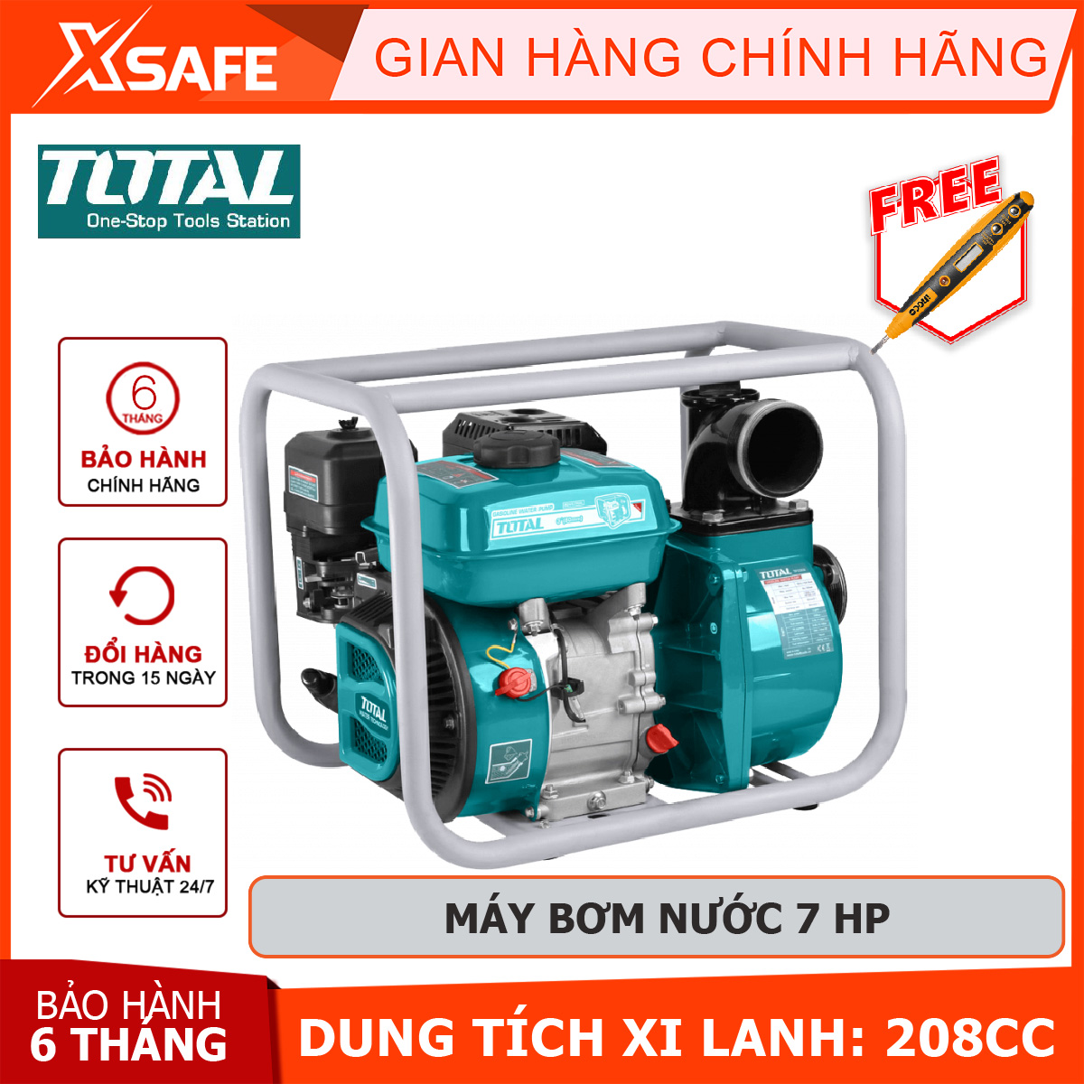 Water pump gasoline total TP3302 pump used gasoline cylinder capacity 208cc, maximum pumping height 32m, độ worms maximum 8m apply irrigation for plant or suck water resist waterlogged ELDs đồng or pond [XTools] [xsafe]