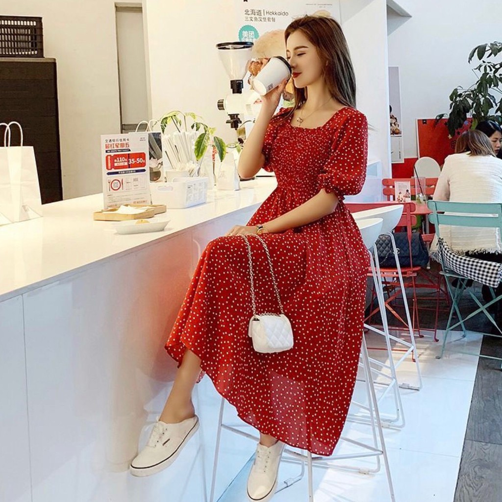 Đầm bi rối cổ U 2 màu