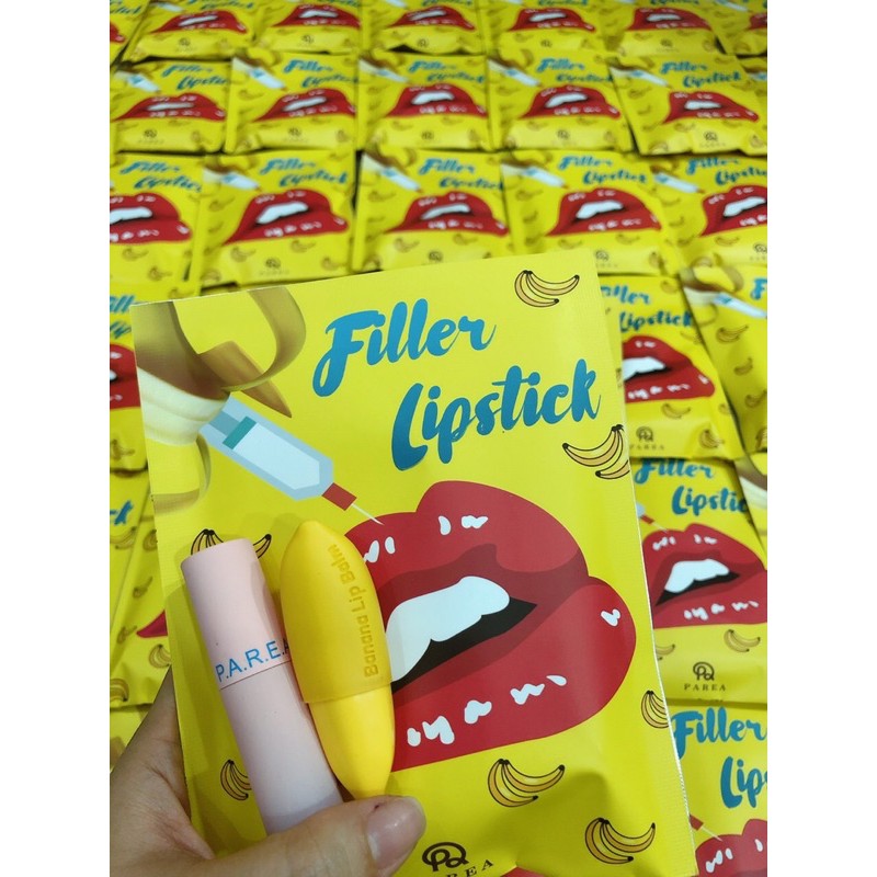 Son Filler Collagen Chuối Khử Thâm Parea cùng son màu Chu Lipstick, giúp môi căng mọng hồng hào