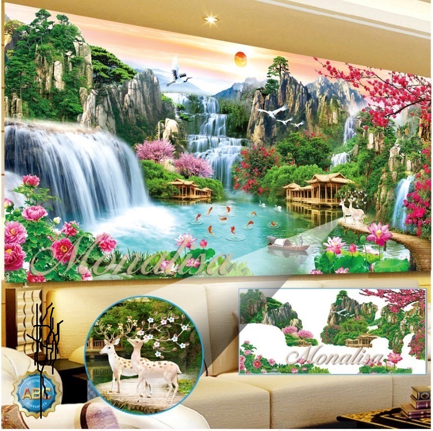 tranh đính đá phong cảnh size 160x70 chua dinh