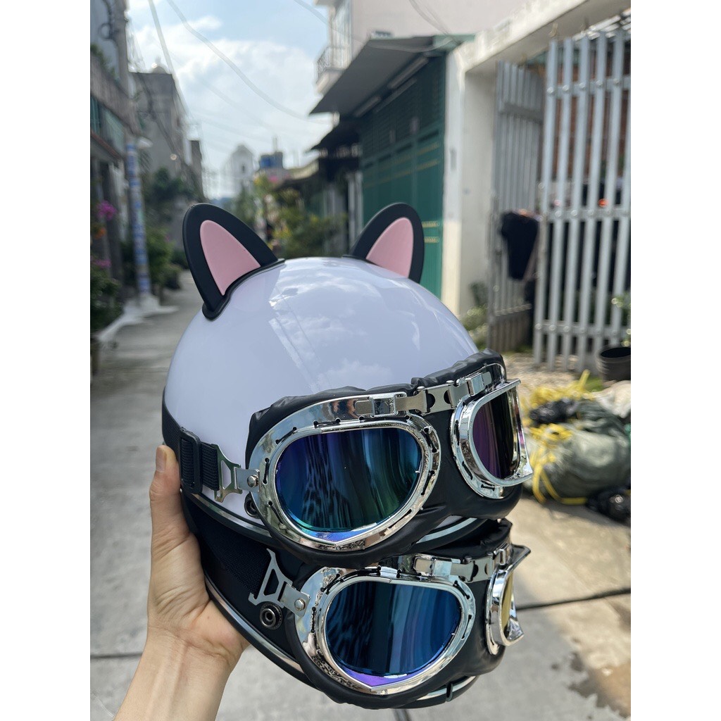 Nón bảo hiểm phi công full phụ kiện ( tai mèo xịn+ kính phi công+lưỡi trai)
