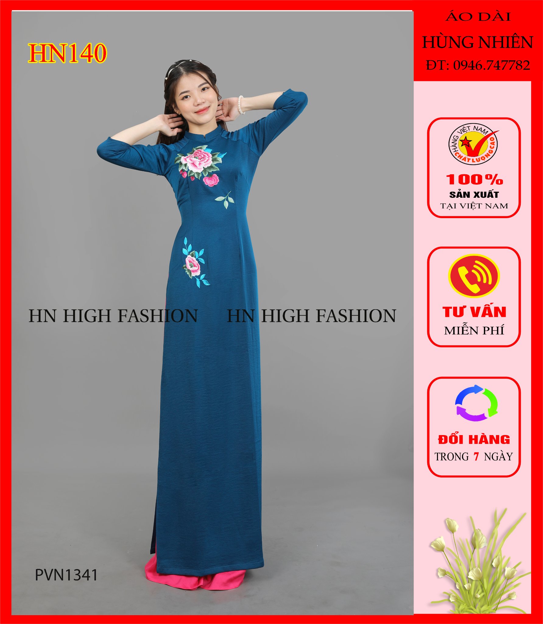 HN140- ÁO DÀI LỤA TÂY THI THÊU HOA NGHỆ THUẬT