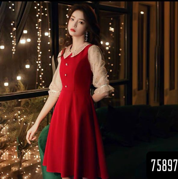 Váy đầm xoè dự tiệc cưới màu đỏ cổ lá sen tay phối lưới sao may mắn, mẫu váy đầm mới giá rẻ đẹp có bigsize - Thời Trang Gugo D202