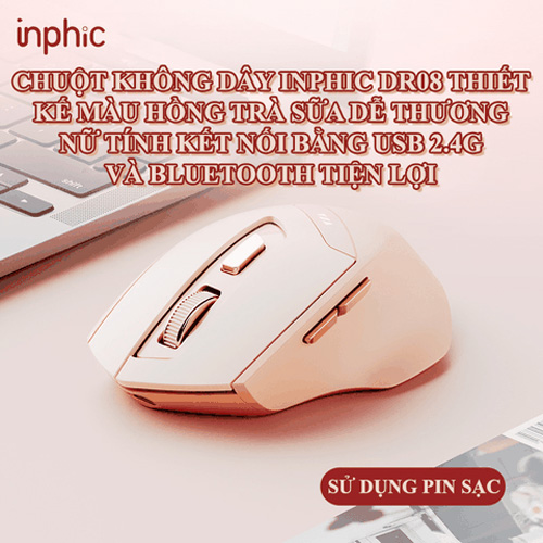 Chuột không dây pin sạc INPHIC DR8 hỗ trợ wireless kiêm bluetooth 4.0 / 5.0 - Silent click không âm thanh (hồng kute) Nhất Tín Computer