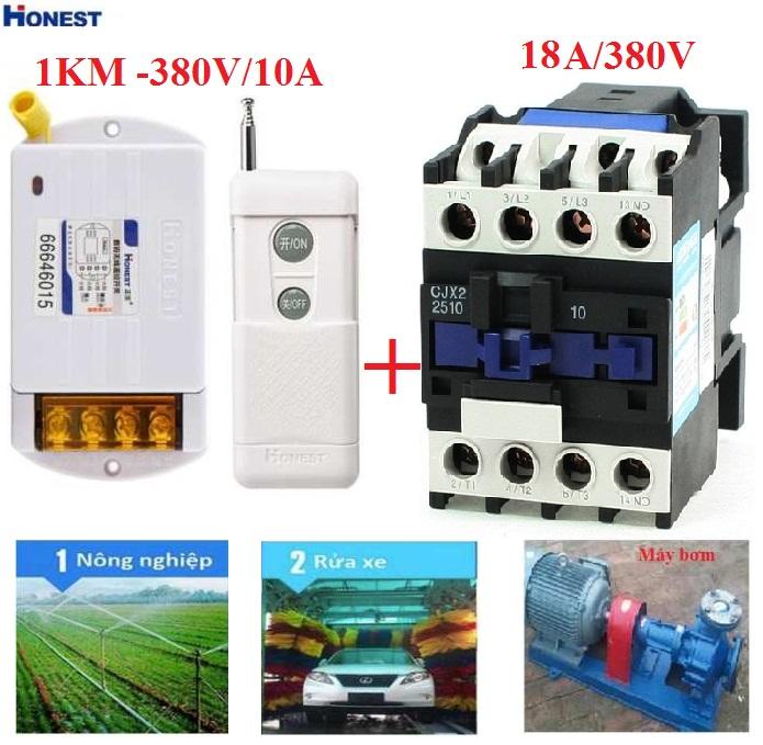 Bộ công tắc điều khiển từ xa 1Km Honest 380V/10A và 1 khởi động từ CJX2 18A/380V dùng để đóng mở thiết bị điện công suất lớn