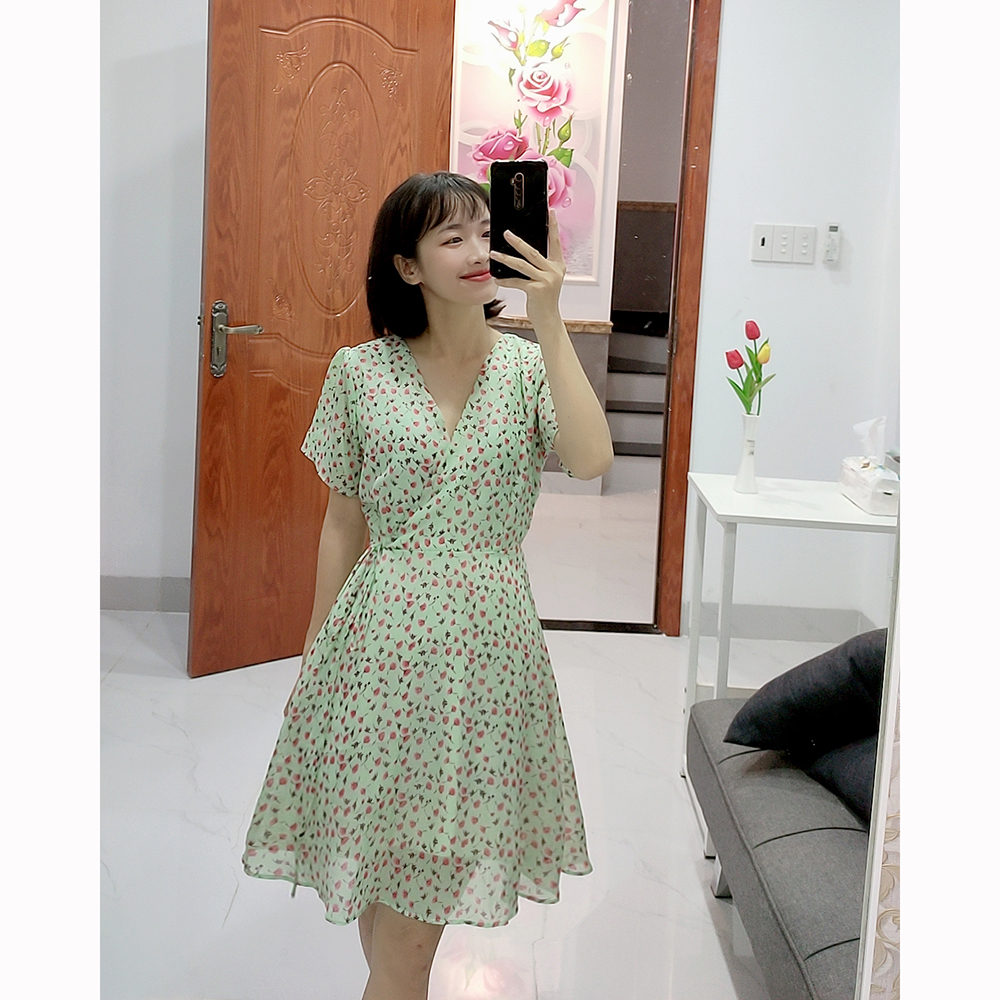 Đầm váy nữ hoa dáng xoè cổ chữ V thắt eo dễ thương RD045