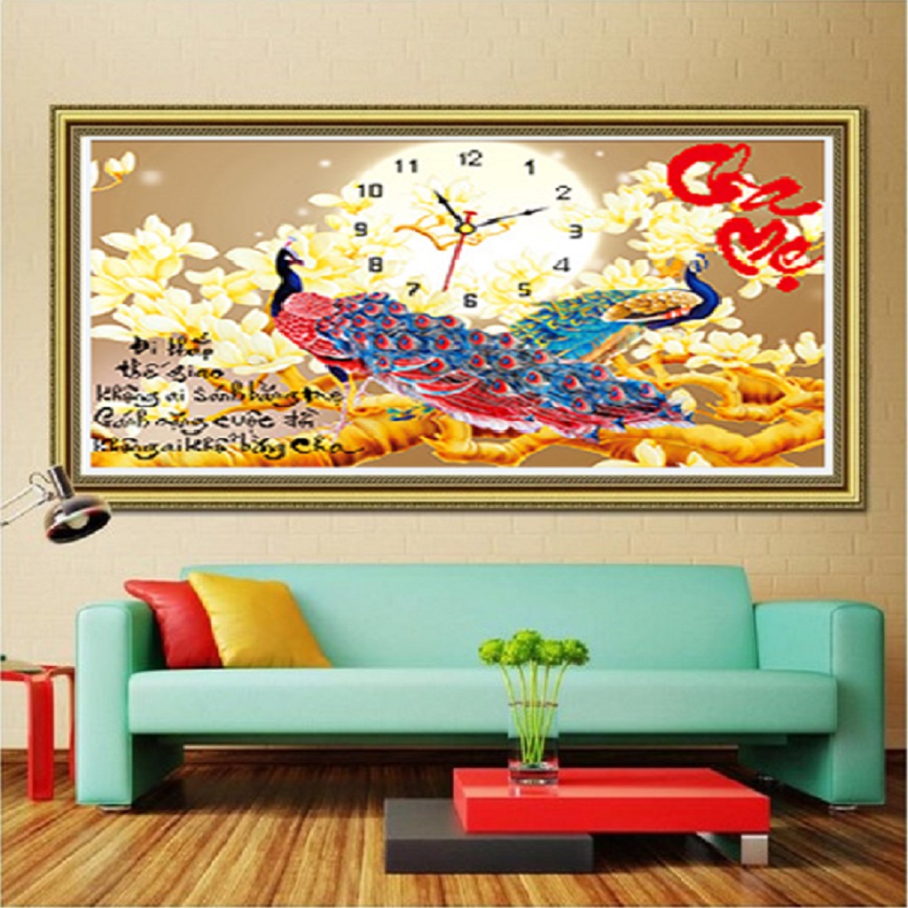 Tranh đính đá đồng hồ cha mẹ - kt 80x55cm