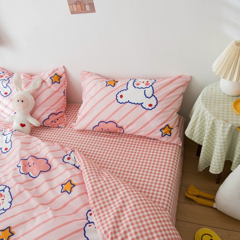 Bộ chăn ga gối cotton poly - Mẫu mây hồng.