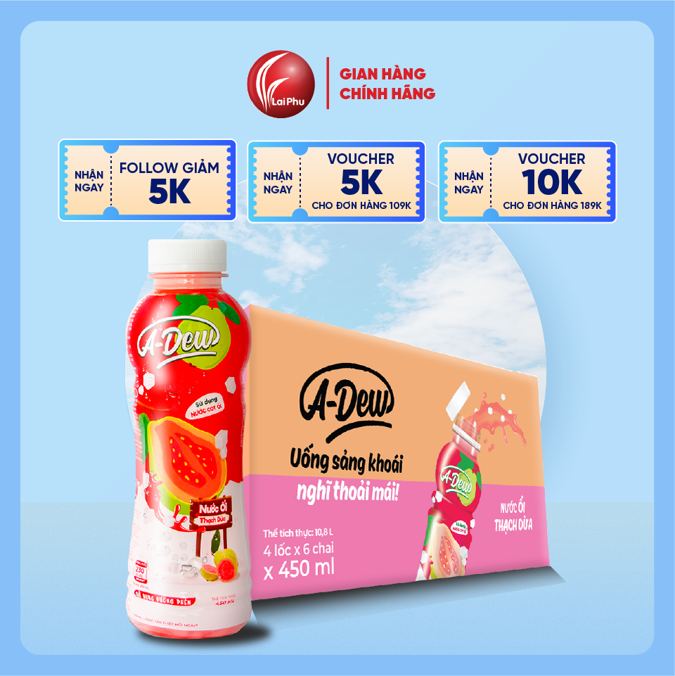 Nước Trái Cây Ổi Thạch Dừa A-Dew Chai 450ml - Thùng 24 Chai