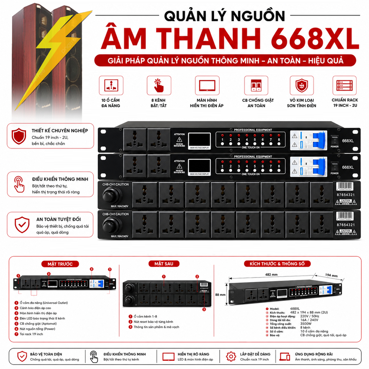 Quản Lý Nguồn 668XL PRO ,Có Lọc Nguồn,Lọc Nguồn Từng Kênh Riêng Biệt,Màn Hình oled Cảm Ứng Lớn, Điện Vào Auto Von 90-240