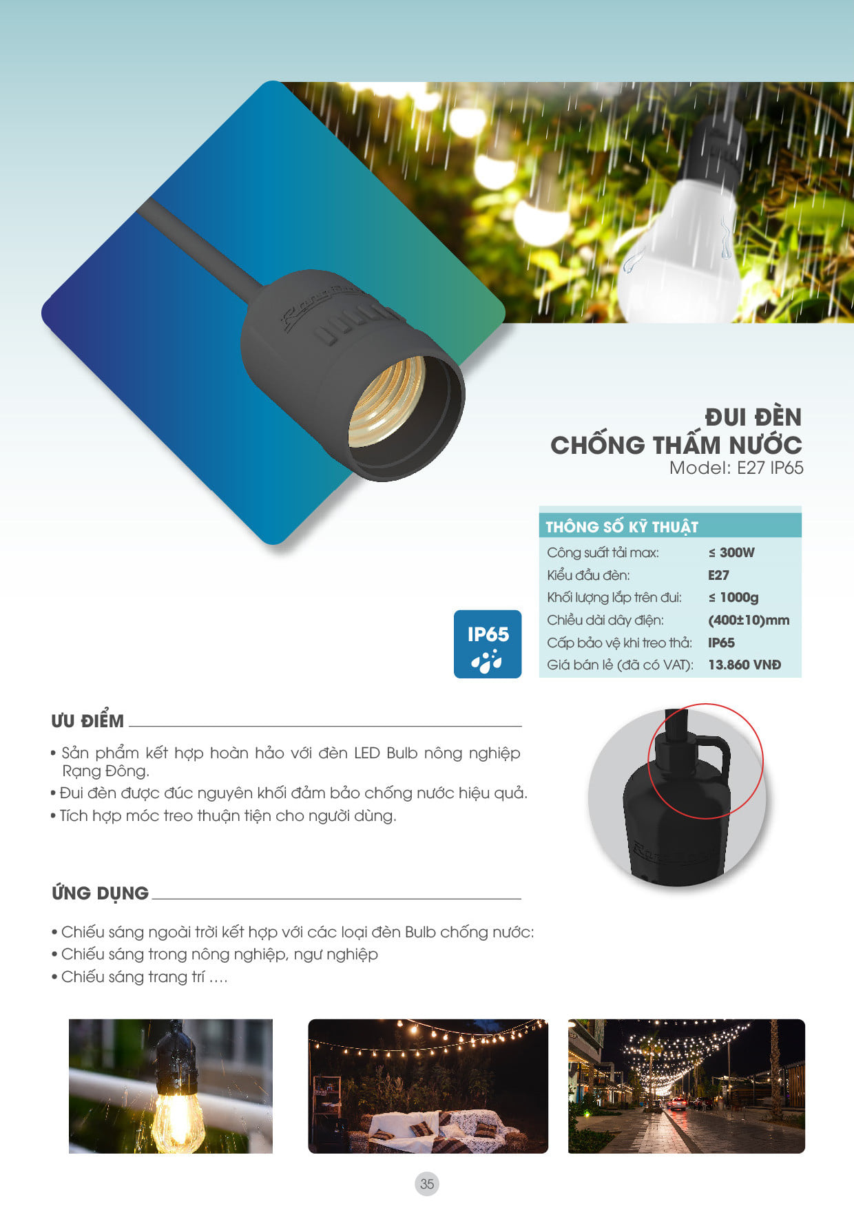 Đui đèn Rạng Đông E27 - Chống Thấm Nước IP65 - Độ Bền Cao