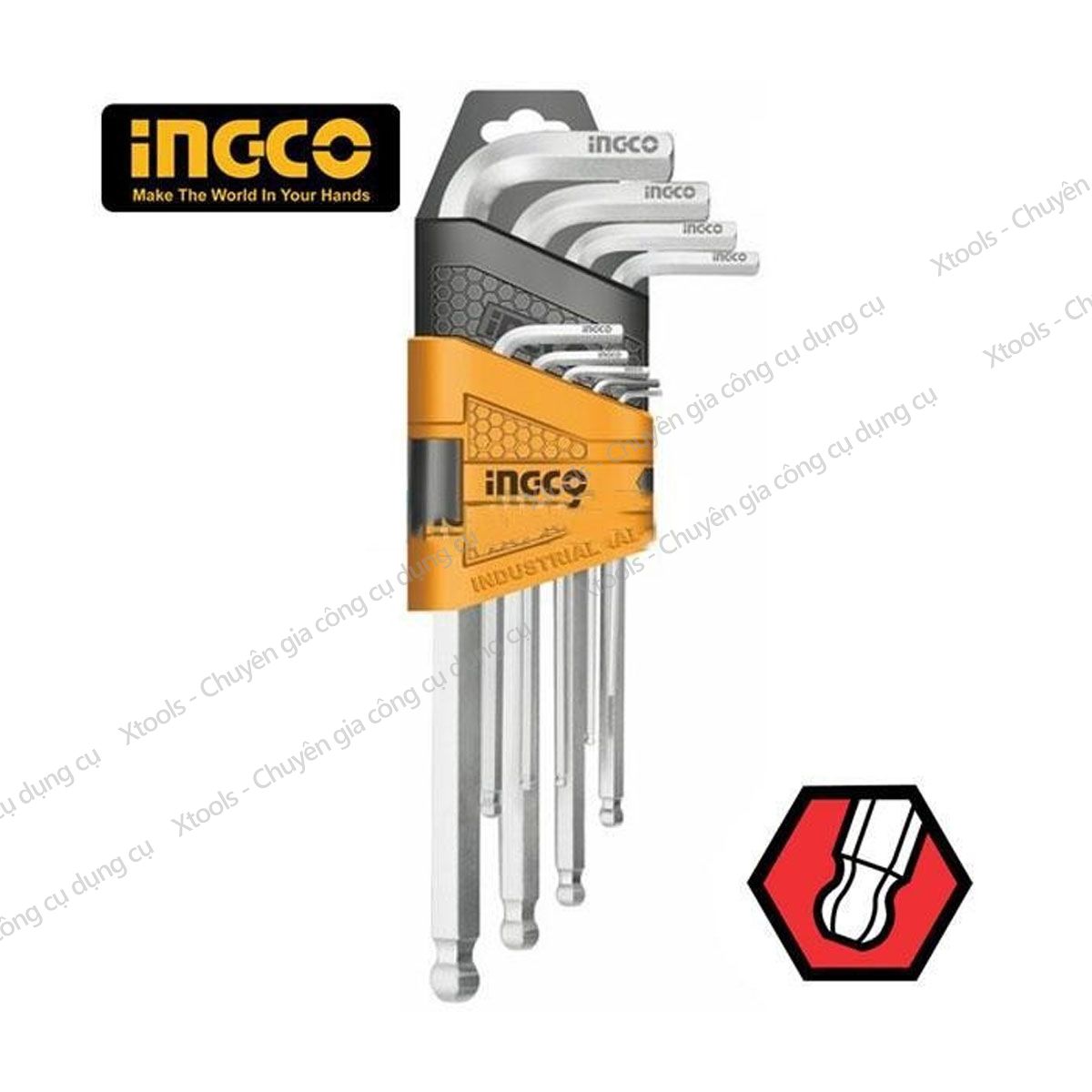 Set 9 key hexagonal round head ingco HHK12091 compact design. Lock hexagonal material CR-V, size 1.5-10mm, heat resistant and is plated with chrome steel. -48/T-product genuine [XTools] [xsafe]