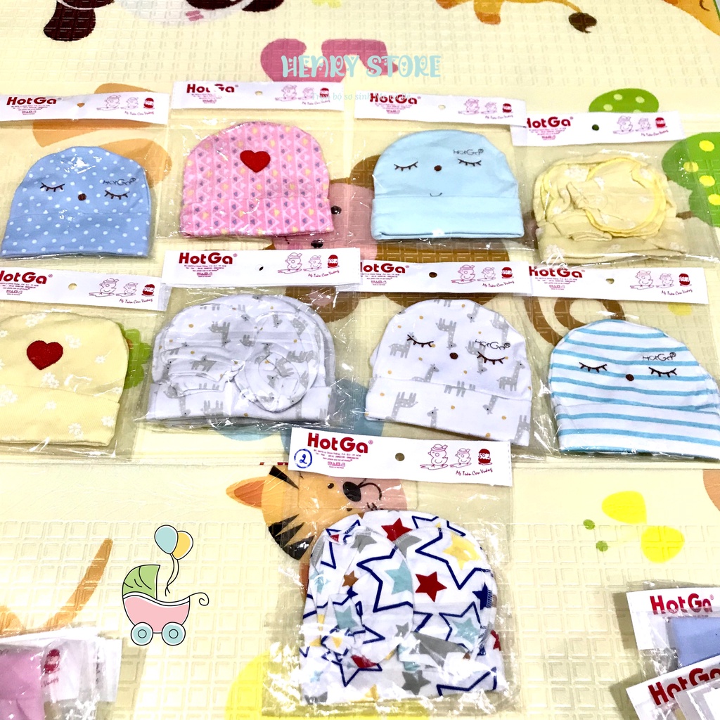 Set nón và bao tay bao chân cho trẻ sơ sinh Hotga Baby nón thêu hoặc thường