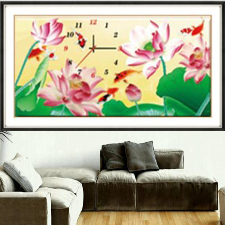[HCM]Tranh thêu chữ thập đồng hồ hoa sen A1189 - kích thước 65 * 38