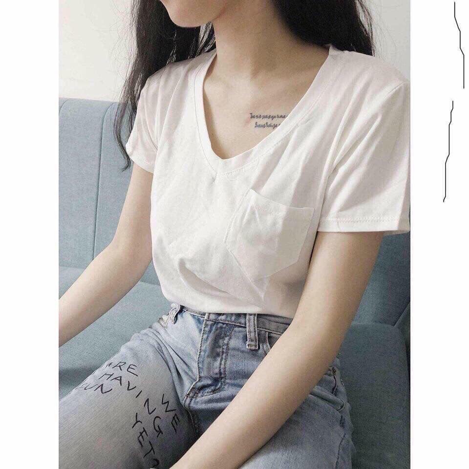 Áo thun giấy tay cộc cổ tim trơn siêu hot