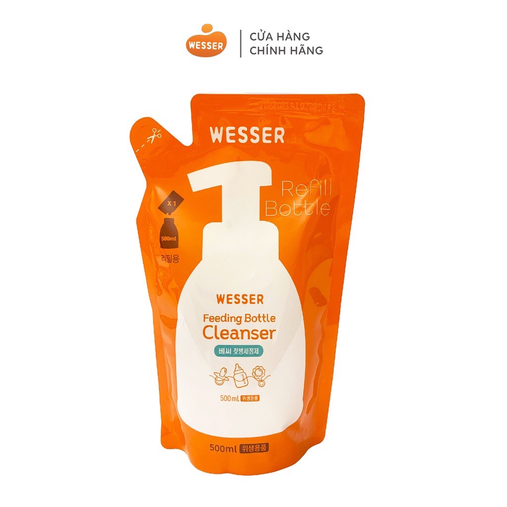 Nước Súc rữa bình sữa núm vú cho bé Wesser Hàn Quốc Túi 500ml