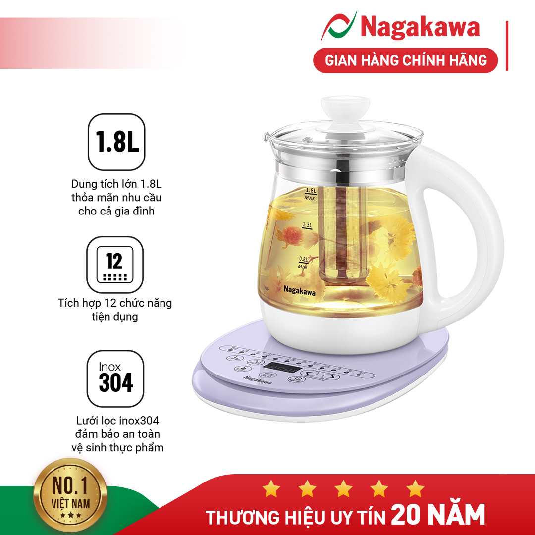 Ấm siêu tốc Nagakawa NAG0316, dung tích 1.8L, ấm thủy tinh đa chức năng pha trà hoặc đun nấu thực phẩm, tích hợp 12 chức năng, điều khiển cảm ứng
