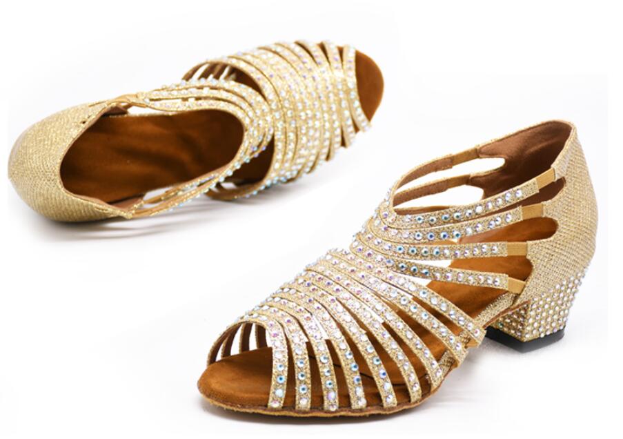 Khiêu Vũ Giày phụ nữ rhinestone Giày khiêu vũ Tango Giày khiêu vũ Salsa Latin giày giữa gót bạc Vàng jusedanc