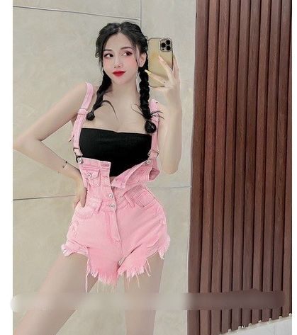 Quần jean nữ quần ĐÙI yếm demin jumpsuit trắng đen quần jean cạp cao, quần yếm jean L3489834